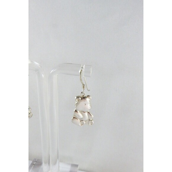 Adorable Pressed Sterling Bear Dangle Earrings Ear WIre 1 3/8" Drop - Picture 2 of 8